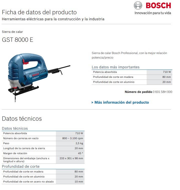 Comprar Sierra Calar Pend 80 Mm Gst 8000 E Prof 710W Bosch