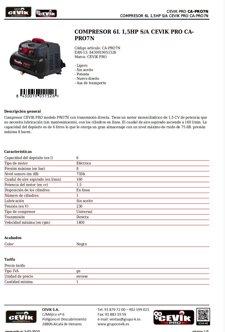 COMPRESOR DE AIRE CEVIK PRO CAPRO7N 6L 1.5CV Obramat