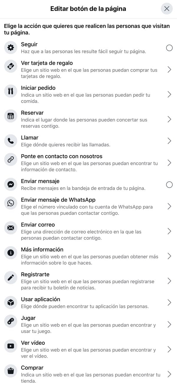 botón cta facebook página de empresa