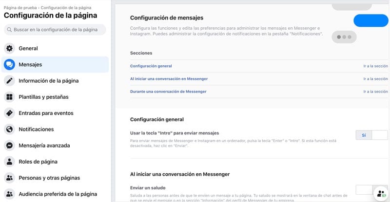 configurar mensajes Facebook